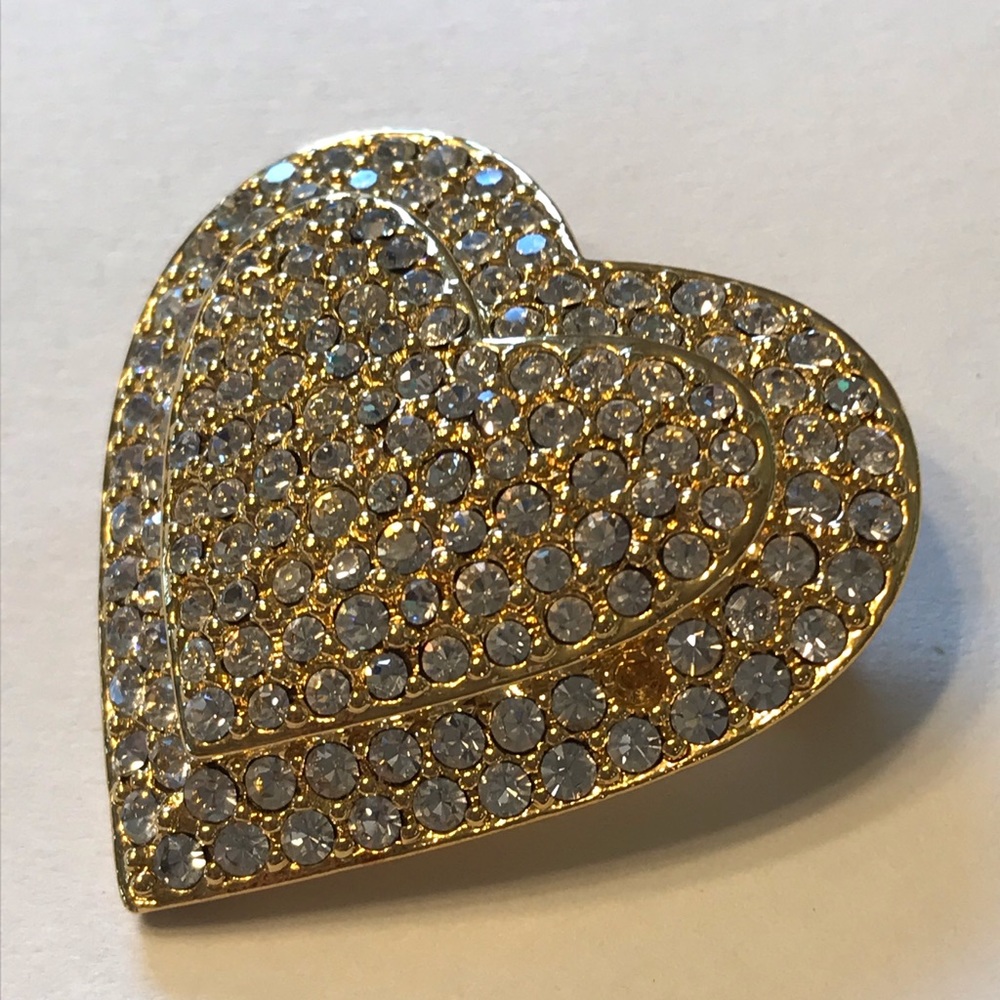 Vintage Joan Rivers Gold & Rhinestone Heart Brooch - Picture 7 of 12